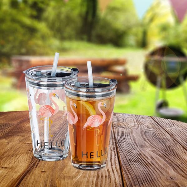 Relaxdays Glas med sugrör och lock, set om 4, mönster med flamingo, 450 ml, diskmaskinssäkra, transparenta