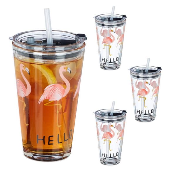 Relaxdays Glas med sugrör och lock, set om 4, mönster med flamingo, 450 ml, diskmaskinssäkra, transparenta