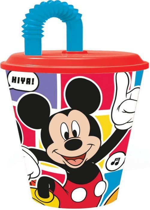 Tataway Gobelet barn Disney Mickey Mouse röd och blå plast 430 ml med sugrör och flexibelt lock