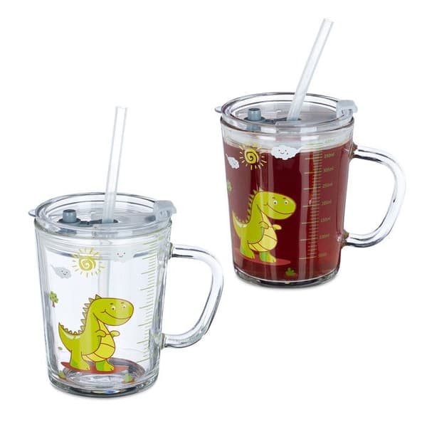 Relaxdays barnmugg, set med 2, dinosaurmotiv, glas med handtag, lock och sugrör, 400 ml skala, transparent
