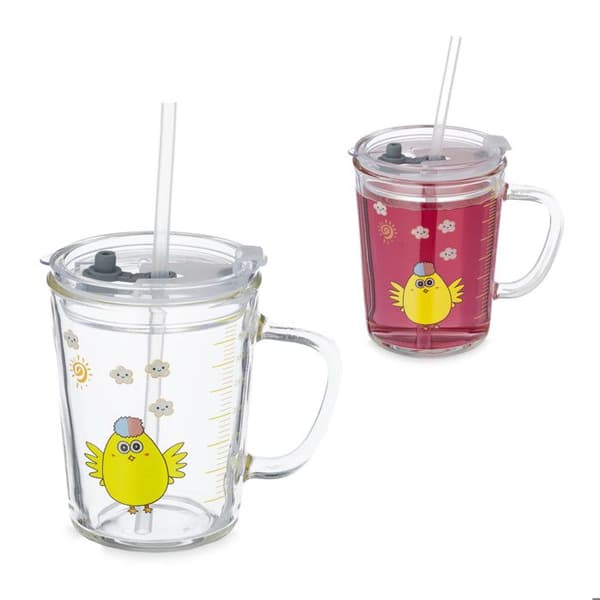Relaxdays barnverres, set med 2, kycklingmotiv, handtag, lock och sugrör, mätbägare 400 ml, transparent