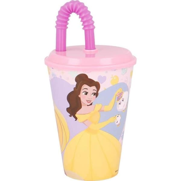 Tataway Plastikkopp rosa och lila Disney Princesser Belle Cendrillon Rapunzel 430 ml, sugrör och mjukt lock