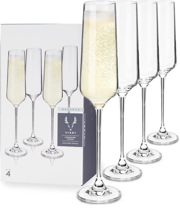 Viski Champagne Flutes, 4 Lead-Free Crystal Sparkling, Stemmed Wine Glass Set European Made Glassware, Set of 4, Clear, (10103)