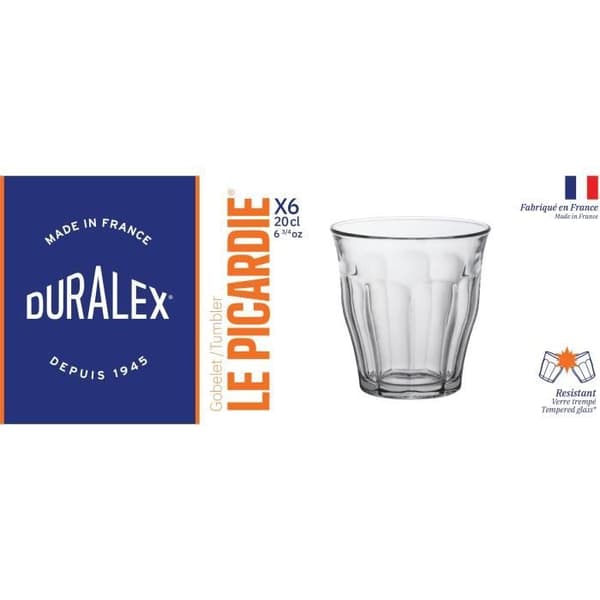 Glas - DURALEX - Picardie Transparent - 22 cl - Härdat glas - Set med 6 delar