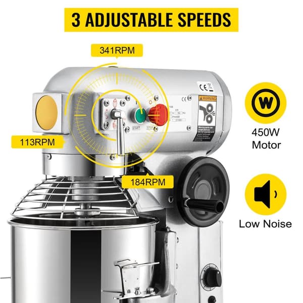 450W multifunktionell elektrisk matblandare med 11L mixerskål och 3 vispar, 3 justerbara hastigheter, timingfunktion, säkerhetsdesign