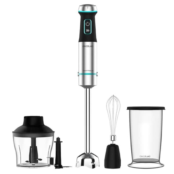 Cecotec 1200-W hand blender, CrossBlades technology with 4 blades coated with black titanium, XL stick, splashproof blade protection and speed knob w
