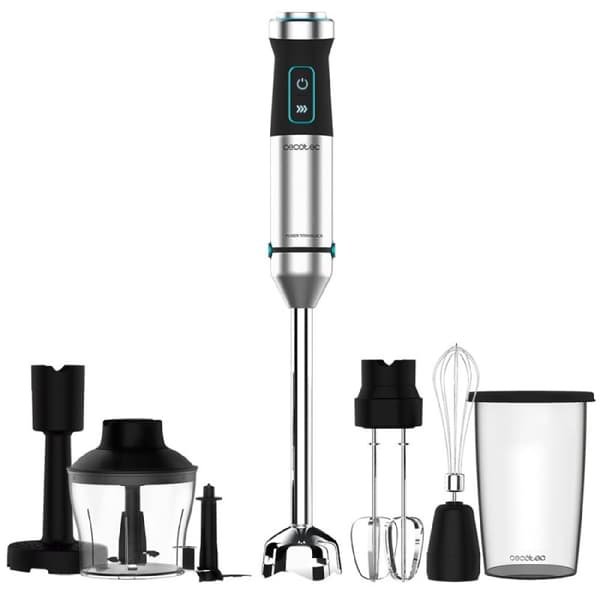 Cecotec 1500-W hand blender, CrossBlades technology with 4 blades coated with black titanium, XL stick, splashproof blade protection and speed knob w