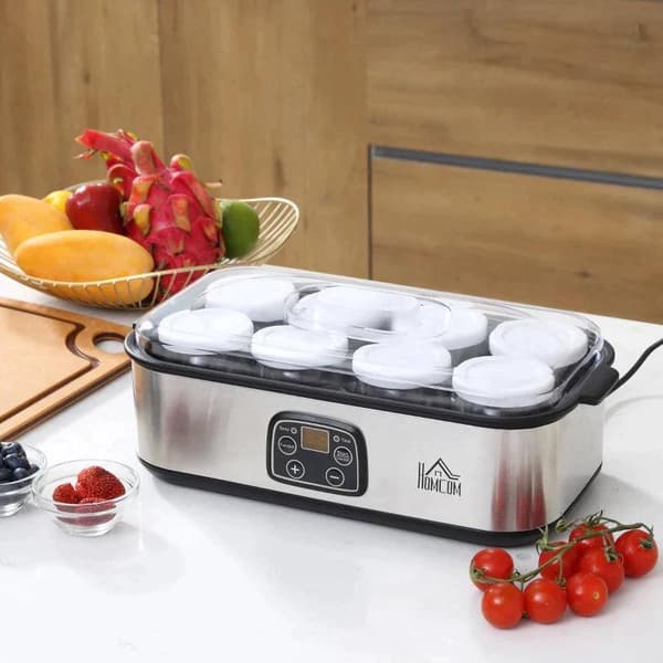 Rootz Yoghurt Maker - Yoghurtmaskine med lcd-skærm - 8 yoghurtdåser med glaslåg - rustfrit stål - glas - sølv - 36 x 18,8 x 14 cm