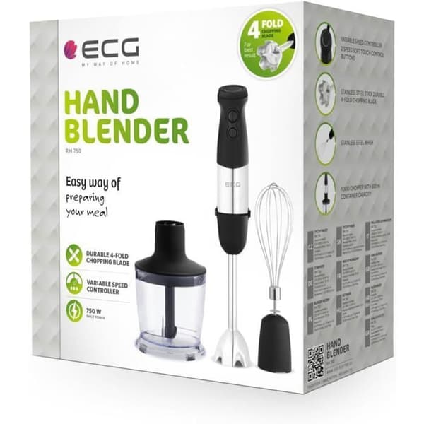 Handmixare ECG RM 750 – 750 W – Rostfri fot – Visp, 500 ml hackare, 600 ml kopp – Tyst & lätt