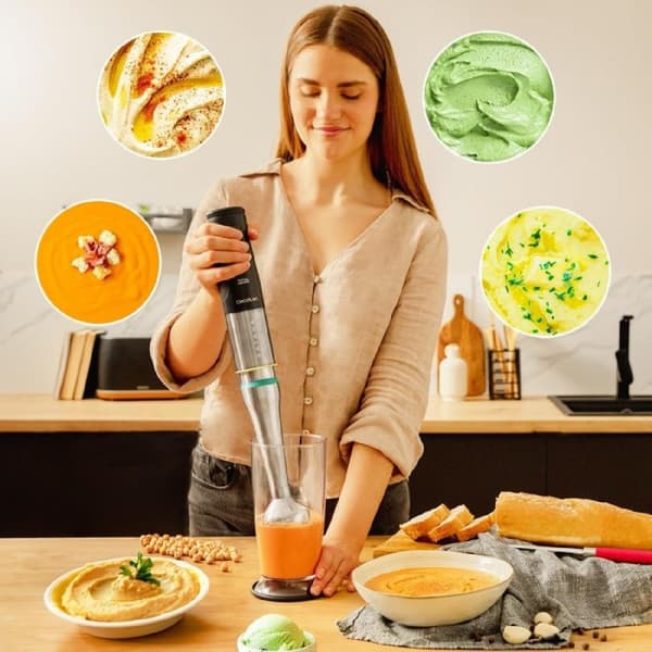 Cecotec 1200 W hand blender, PerreoMove technology that moves the blades up and down to blend more with less effort, 4 titanium-coated blades, extra