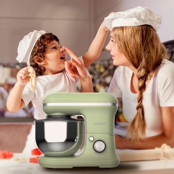 Cecotec 5-function stand mixer with elegant design and accessories for mixing and kneading.