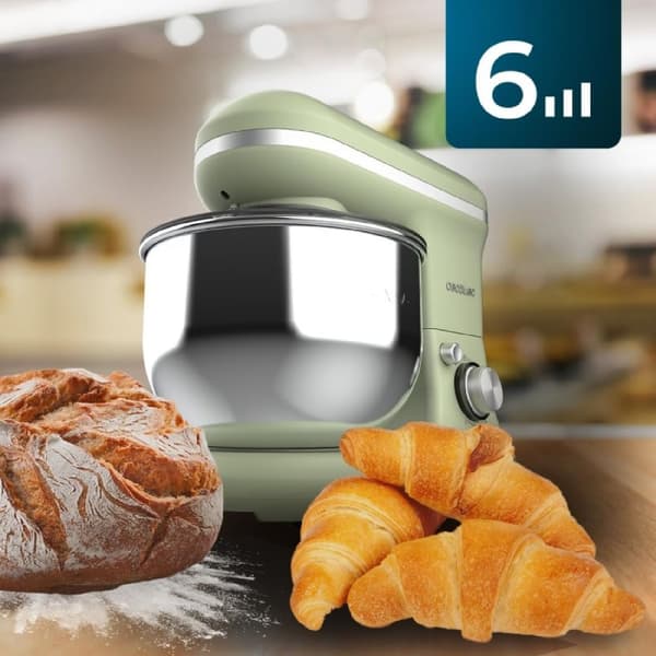 Cecotec 5-function stand mixer with elegant design and accessories for mixing and kneading.