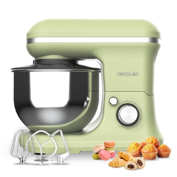 Cecotec 5-function stand mixer with elegant design and accessories for mixing and kneading.
