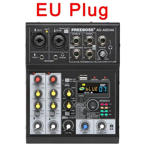 Ljudmixerbord, Bluetooth-anslutning, eko- och reverb-effekter, EU-kontakt