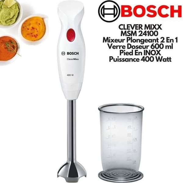 CleverMixx MSM24100 stavmixer - BOSCH - 400W - Avtagbar fot i rostfritt stål - 1 hastighet - Mixerskål - Vit