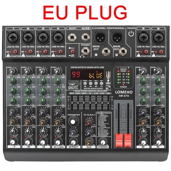 Lyd Audio Mixer, 6 Mono Kanaler, 48V Strøm, Digitale Effekter, EU STIK