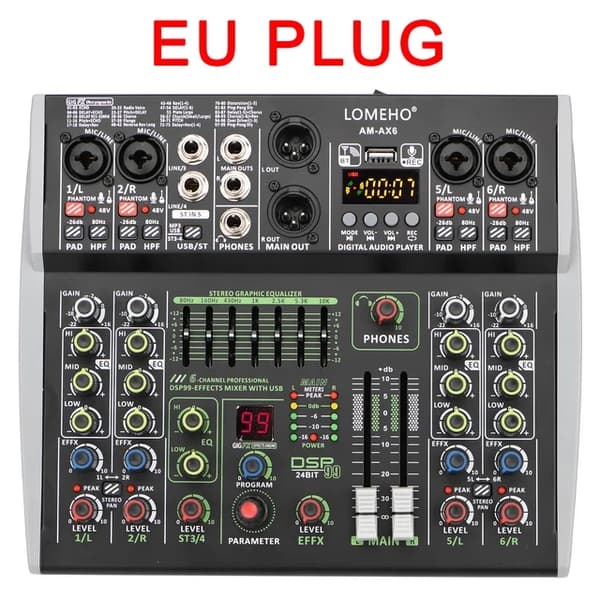 Mixerbord, 48V fantommatning, Bluetooth-anslutning, 6 kanaler EU-kontakt