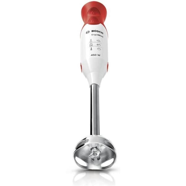 BOSCH ErgoMixx MSM64110 stavmixer - 450W - Fot i rostfritt stål - 4 vassa blad - 2 hastigheter - 600ml graderad skål - vit/röd