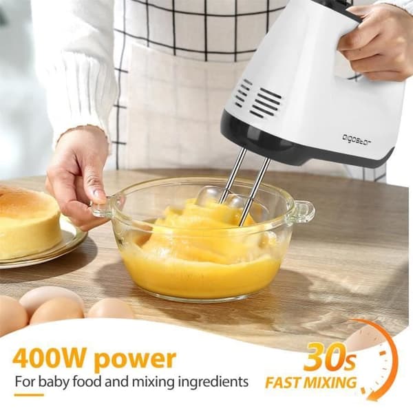 Aigostar Pudding - 6-växlad mixer + Turbo, 400W. 1 visp, 2 vispar, 2 degkrokar och en förvaringsväska.