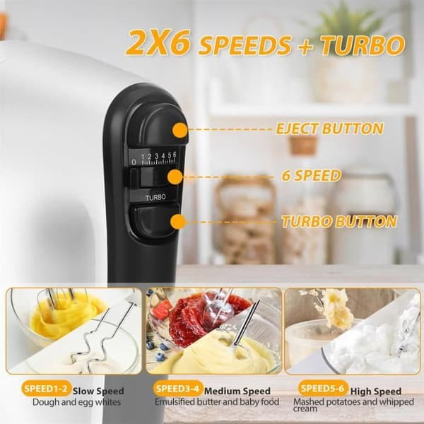 Aigostar Pudding - 6-växlad mixer + Turbo, 400W. 1 visp, 2 vispar, 2 degkrokar och en förvaringsväska.