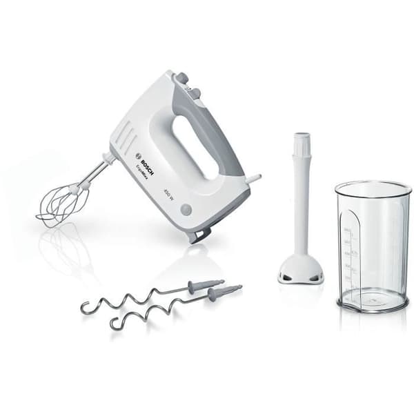 Batteri Bosch - MFQ36440 - 450 W - 5 hastigheter - 2 vispar / 2 degkrokar i rostfritt stål - Mätbägare med lock - Vit / Grå