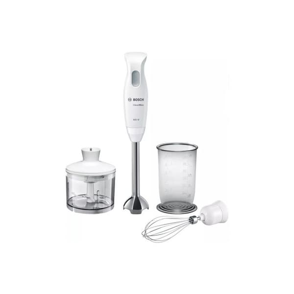 Stavmixer - BOSCH - CleverMixx - 600 W - fot i rostfritt stål - mixerskål - minihackare - rostfri visp - Vit