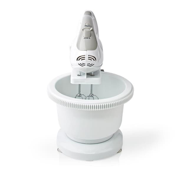Nedis KAHM110CWT Käsisekoitin 200 W 5-nopeuksinen turbotoiminto Pyörivä kulho / 2 taikinakoukkua / 2 vatkaa harmaa / valkoinen