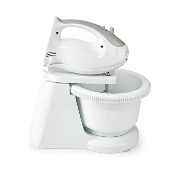Nedis KAHM110CWT Käsisekoitin 200 W 5-nopeuksinen turbotoiminto Pyörivä kulho / 2 taikinakoukkua / 2 vatkaa harmaa / valkoinen