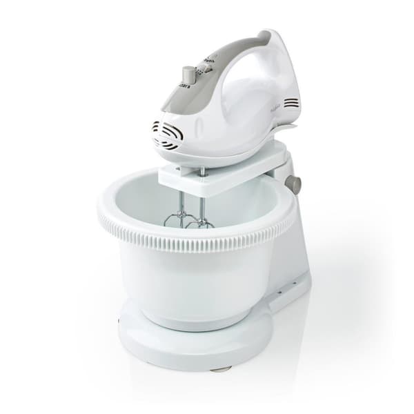 Nedis KAHM110CWT Käsisekoitin 200 W 5-nopeuksinen turbotoiminto Pyörivä kulho / 2 taikinakoukkua / 2 vatkaa harmaa / valkoinen