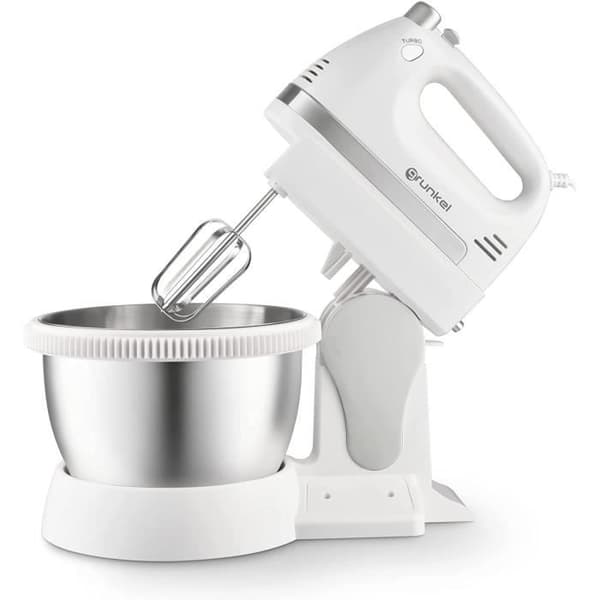 Skaftmixer med roterande skål i rostfritt stål. Den har turbofunktion och 5 hastigheter. Inkluderar: mixer och krokar