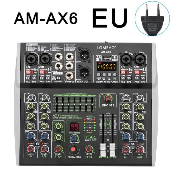 Mixerpult, 6 kanaler, 99 DSP-effekter,AM-AX6 EU