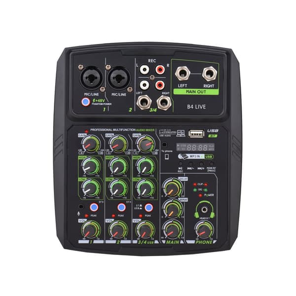 4-kanals lydmixer, bærbart design, dynamisk lydkontrol, indbygget phantom-strøm