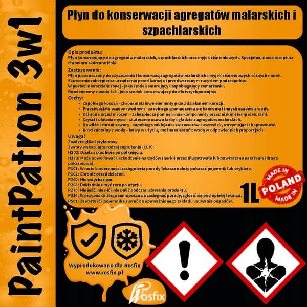 Rosfix PaintPatron 3in1 1L underhålls- och rengöringsvätska + Färgspruta för enheten med 517-munstycke och munstycksskydd