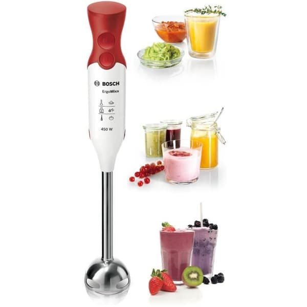 BOSCH ErgoMixx MSM64110 stavmixer - 450W - Fot i rostfritt stål - 4 vassa blad - 2 hastigheter - 600ml graderad skål - vit/röd