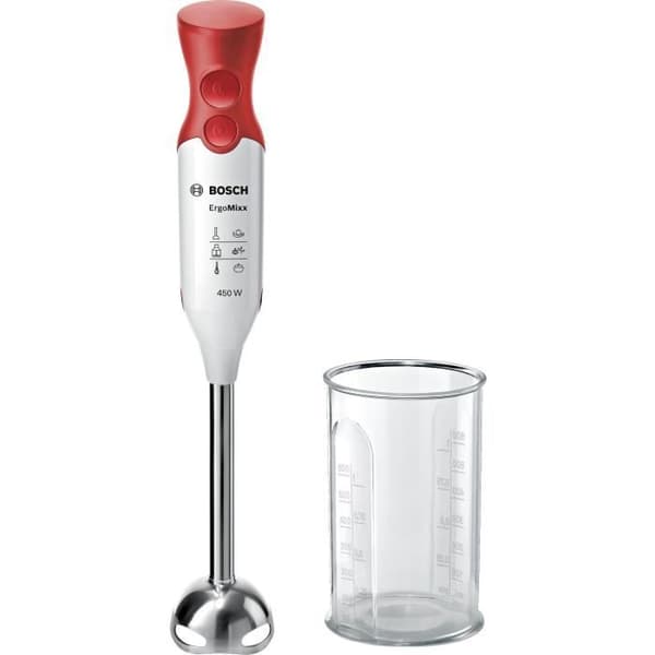 BOSCH ErgoMixx MSM64110 stavmixer - 450W - Fot i rostfritt stål - 4 vassa blad - 2 hastigheter - 600ml graderad skål - vit/röd