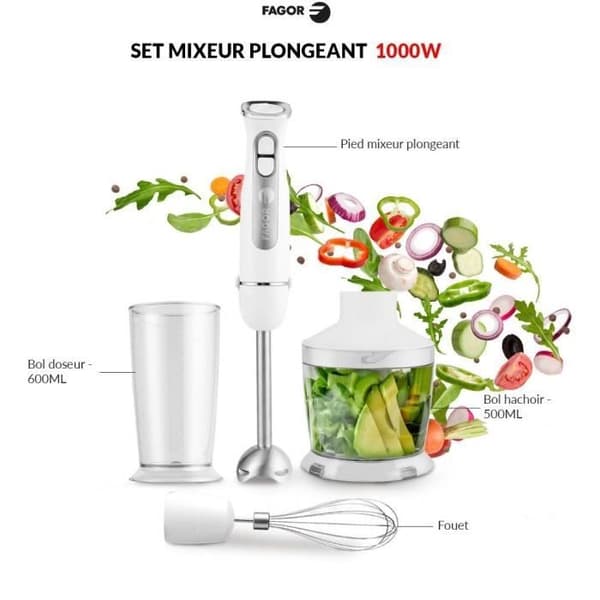 Set stavmixare - FAGOR - FG349 – 1000 W – 12 hastigheter + puls - Vit