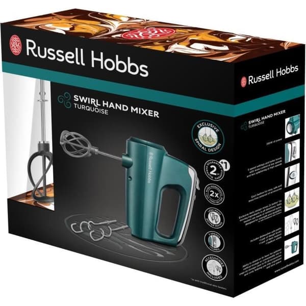Virvelmixer - Russell Hobbs - 5 hastigheter - Turbofunktion - Knådare - Vispar - Turkos
