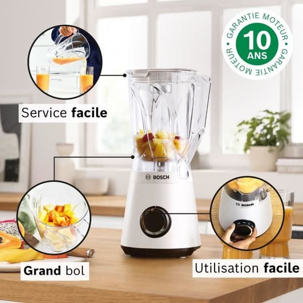 VitaPower Blender - BOSCH - MMB6141W - 1200 W - 30000 rpm - 2 hastigheter + turbo - 2 L skål - 4 avtagbara blad - Vit