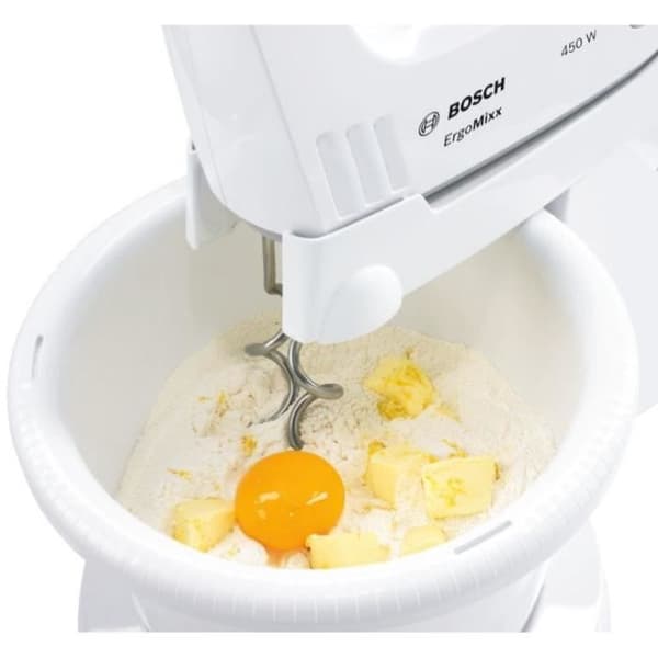 ErgoMixx 450 W mixer - BOSCH MFQ36400 vit/grå - 5 hastigheter + turbo - 2 rostfria vispar - 2 rostfria degkrokar -