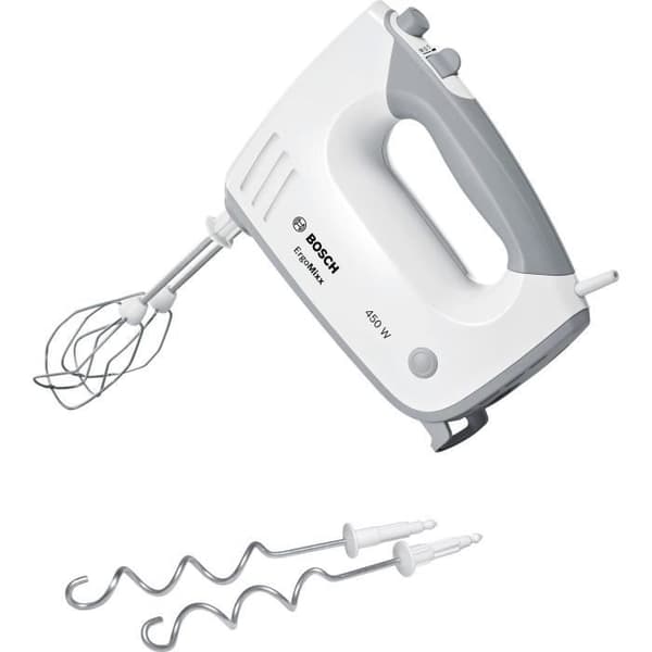 ErgoMixx 450 W mixer - BOSCH MFQ36400 vit/grå - 5 hastigheter + turbo - 2 rostfria vispar - 2 rostfria degkrokar -