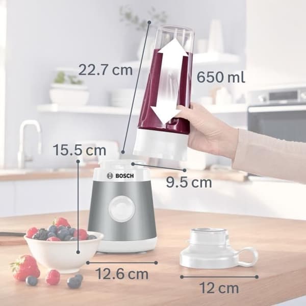 Mini Blender BOSCH VitaPower Serie 2 MMB2111T - 0,8 L mixerskål - 4 vassa rostfria blad - Hög blandningshastighet - Silver