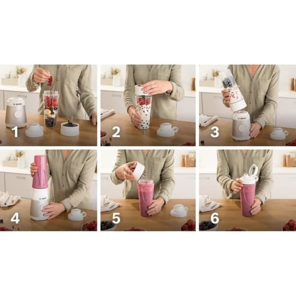 Mini Blender BOSCH VitaPower Serie 2 MMB2111T - 0,8 L mixerskål - 4 vassa rostfria blad - Hög blandningshastighet - Silver
