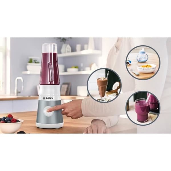 Mini Blender BOSCH VitaPower Serie 2 MMB2111T - 0,8 L mixerskål - 4 vassa rostfria blad - Hög blandningshastighet - Silver