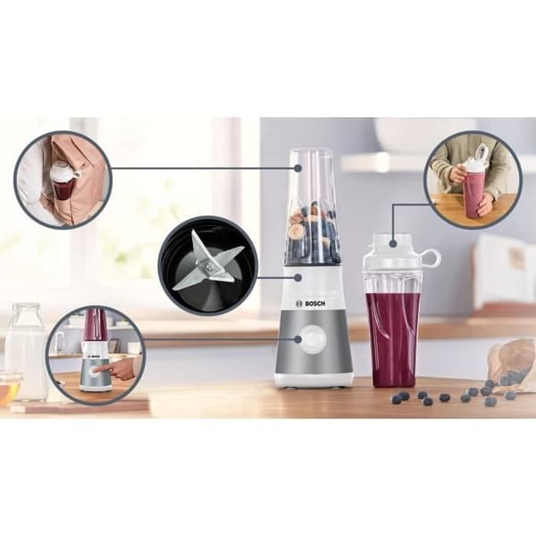 Mini Blender BOSCH VitaPower Serie 2 MMB2111T - 0,8 L mixerskål - 4 vassa rostfria blad - Hög blandningshastighet - Silver