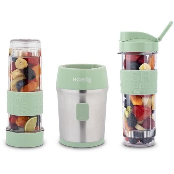 Mini blender - H.KOENIG - SMOO18 - 300 W - 570 mL - Pastellgrön - 2 flaskor ingår - Utan BPA