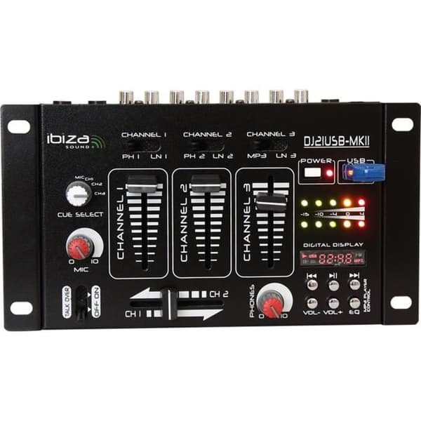 IBIZA DJ21USB-MKII 4-kanals/7-kanals mixer + USB - svart