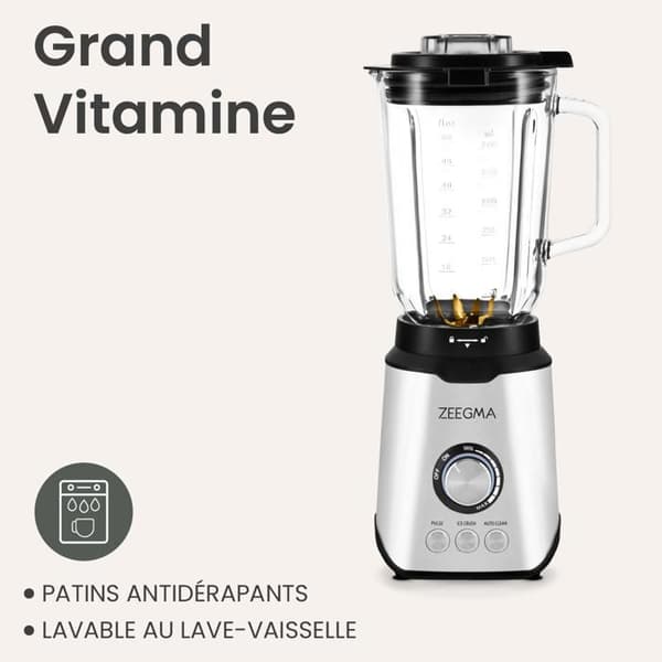 ZEEGMA Grand Vitamine - Elektrisk mixer - 1600 W - Multifunktionsmixer - 1,75 L - 6 blad - Krossad is - 3 program - BPA-fri