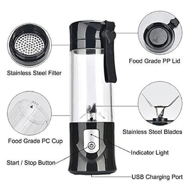 USB Blender Mini Portable Fruktblandare - Små myror - 6 blad i rostfritt stål - Svart