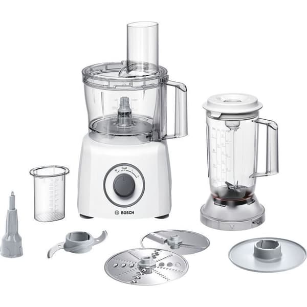 BOSCH MultiTalent3 multifunktionell robot - Vit - 800 W - 2 hastigheter och puls - Blandningsskål 2,3 L - Blandningsskål 1 L - 2 skivor