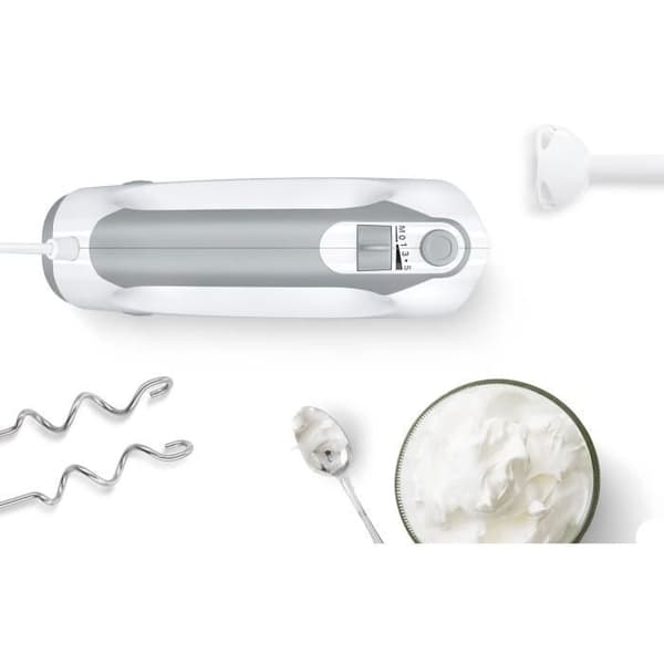 Bosch-sekoitin - MFQ36440 - 450 W - 5 nopeutta - 2 vispilää / 2 ruostumattomasta teräksestä valmistettua taikinakoukkua - Vaaka kannella - Valkoinen/h